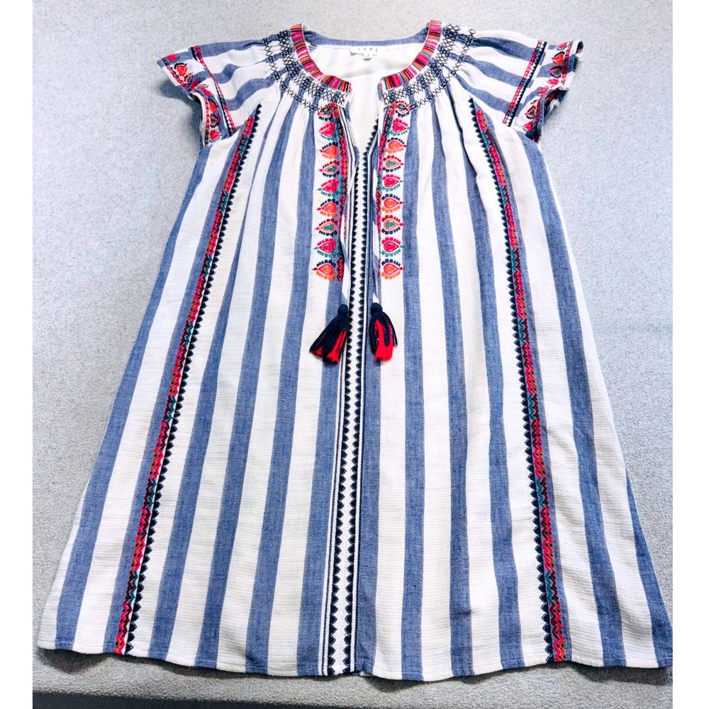 THML Womens M Blue White Striped Embroidered Tassel Boho Midi Dress Coastal Airy